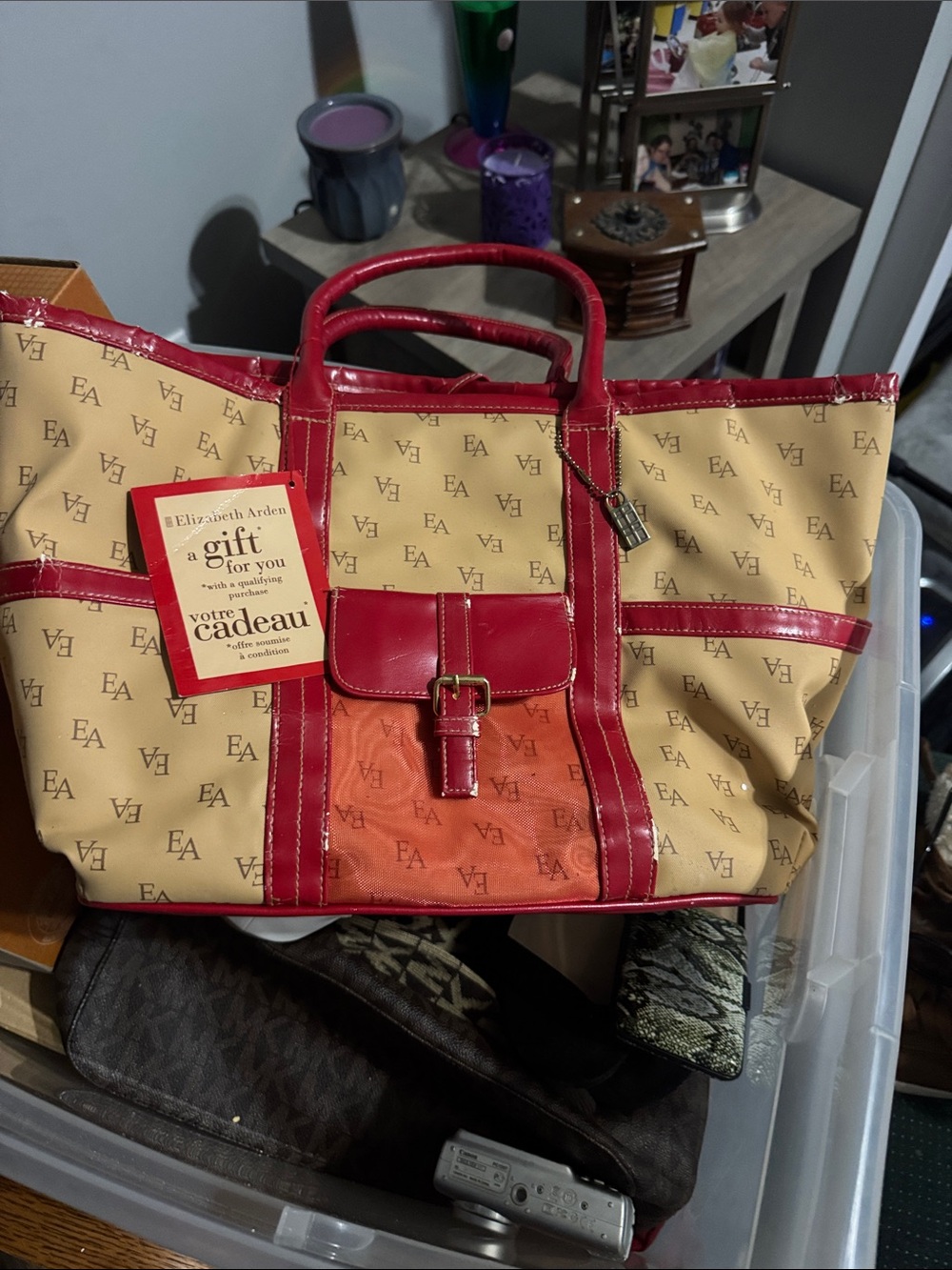 Elizabeth Arden Beige and Red Logo Tote with Orange Accent
